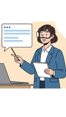 Businesswoman with VR headset presenting on laptop, speech bubble above