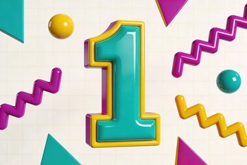 Bright 3d number one with colorful geometric decorations on clean background. Modern educational illustration for counting, math basics, kids content, posters, presentations, and digital learning