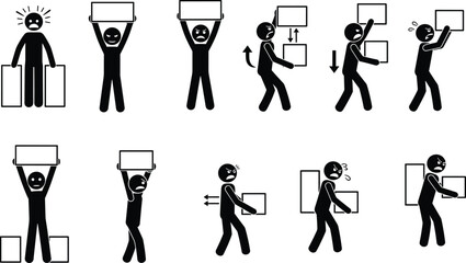 Manual material handling pictogram set showing workers lifting carrying boxes heavy load workplace safety icons vector illustration
