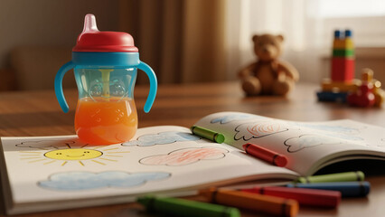Colorful children's sippy cup on open drawing book with crayons  