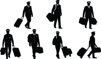 Silhouettes, airline pilots, walking, suitcase, uniform, travel, aviation, black, white, expressive, pose, motion, gear, professional, journey, airport, crew, captain, flight, character © Umme