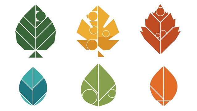 Set of stylized leaf logos in various colors and geometric designs