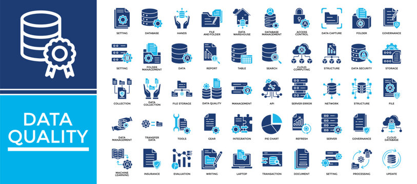 Data quality icon set collection. Containing transfer, database, server, report, insurance, writing, management .Solid vector icons collection