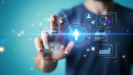 Futuristic technology interface with icons and a hand touching the screen