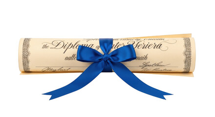 Rolled diploma certificate tied with a bright blue satin ribbon on a black background scroll