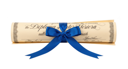 Rolled diploma certificate tied with a bright blue satin ribbon on a black background scroll