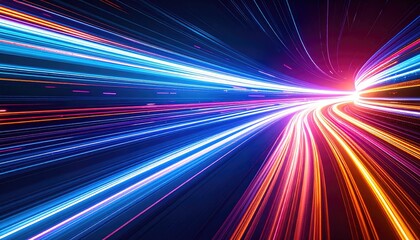 Digital tunnel of light streams, futuristic perspective, colorful glow, motion, speed, data flow