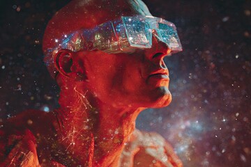 A red-toned individual wearing futuristic eyewear against a cosmic background