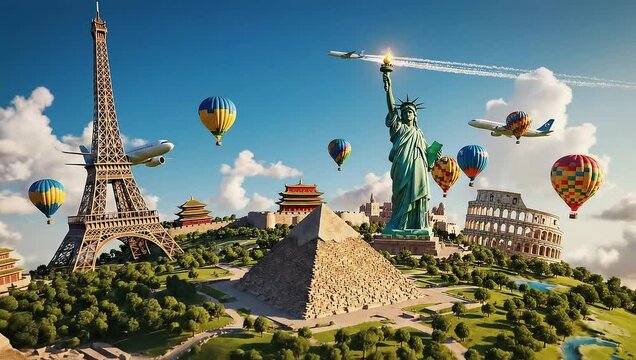 A vibrant composite image featuring iconic world landmarks and colorful hot air balloons