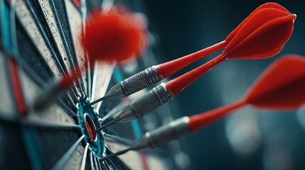 Close-up view of three darts hitting a dartboard. Shallow depth of field gives a dramatic look