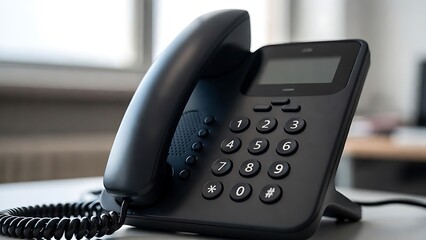 Close-up of a black office telephone with numeric keypad