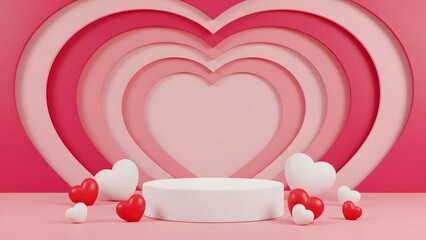 3d podium display for valentines day with pink heart background and small hearts