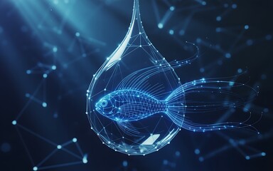 Blue dna helix in water drop on dark background with light effects