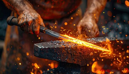 A blacksmith working with molten metal on an anvil, sparks flying in an action shot