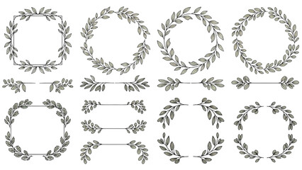 Obraz premium A collection of decorative wreaths and frames made of leaves and branches, illustrated in a minimalist style.