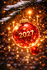 Red Christmas bauble with gold "2027" hanging on snowy pine branch, warm golden bokeh lights and sparkles. Luxury New Year banner background for web header and ads, copy space, high-res, 4K.