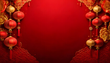 Chinese New Year vertical background, red gradient, gold ornaments on top and bottom