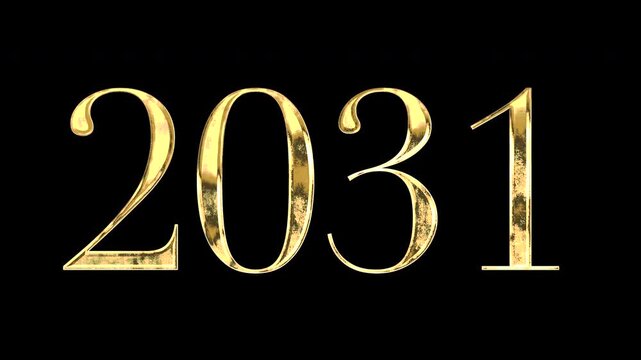 Gold number &ldquo;2031&rdquo;, serif, light reflecting and patterns shifting, alpha channel	
