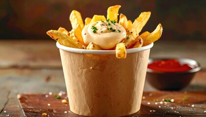 Close-up of golden, crispy, seasoned fries in a kraft paper cup topped with sauce