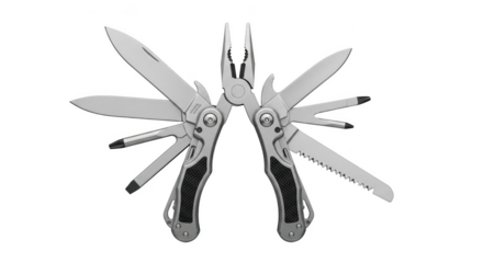 Silver multi tool with open blades pliers and saw against black background knife