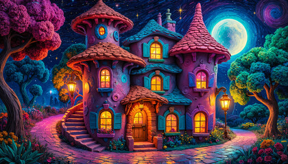 Obraz premium Colorful fantasy cottage with glowing windows under starry night sky 