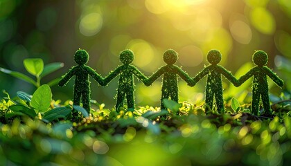 Group of small, moss-covered figures holding hands in a sunlit forest