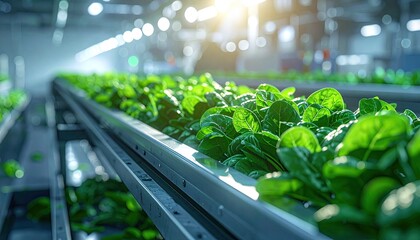 Modern indoor farm showcases rows of leafy greens thriving under bright artificial lights