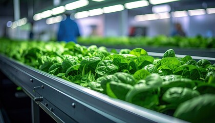 Close-up of lush, green leafy greens growing on a conveyor belt in an indoor farm
