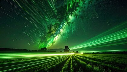 Surreal nighttime landscape with luminous green streaks across a field beneath a glowing nebula