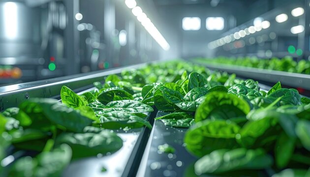 Modern automated production line carrying rows of vibrant, fresh, leafy green spinach plants