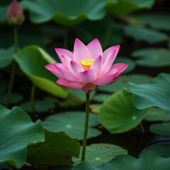 Obraz premium Pink Lotus Flower Blooming in Green Pond Water lily green leaves