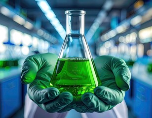 Scientist holds a conical flask filled with vibrant green liquid, lab background blurred