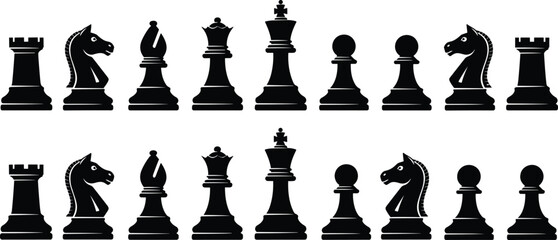 Chess pieces silhouette set, black king queen rook bishop knight pawn figures, classic strategy board game icons, isolated vector illustration © Hey There