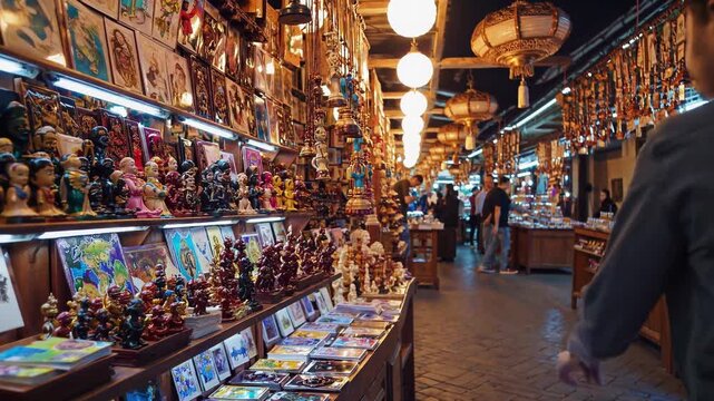 Market scene lively, Energetic vendor booth showcasing artistic items and enthusiastic travelers, Vibrant marketplace featuring handcrafted souvenirs and eager visitors exploring displays
