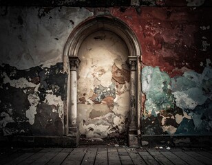 Decaying interior wall with arched alcove and flaking paint, revealing layers of age