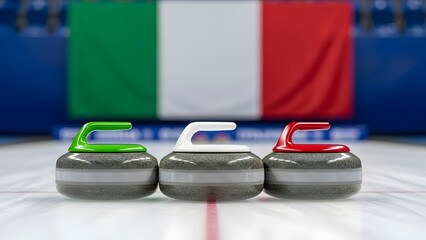 Three curling stones with green white and red handles on ice rink