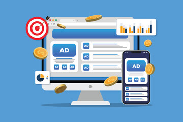 Advertising campaign strategy. Refund and return rate concept. Inbound online marketing with social network advertising on the smartphone and desktop display vector illustration