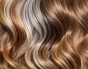 Close-up of layered, wavy strands with varying tones blonde, brown, and tan