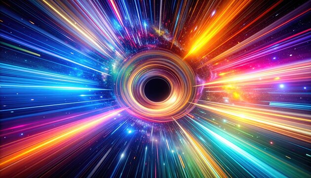 A vibrant, cosmic explosion of light bursts forth from a dark, circular singularity