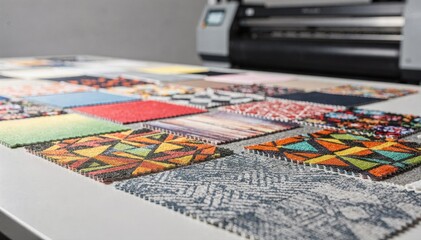 Footage of sample yardage printed digitally capturing detailed textures and colors on fabric swatches demonstrating innovation in fabric design sampling.