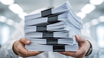 Someone holds several organized stacks of white papers fastened with strong black binder clips