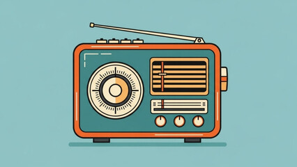 Vintage styled illustration of a classic old school radio with antenna on top and dials on a solid