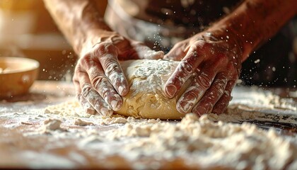 Close-up of flour-dusted hands kneading dough on a wooden surface, sunlight in background