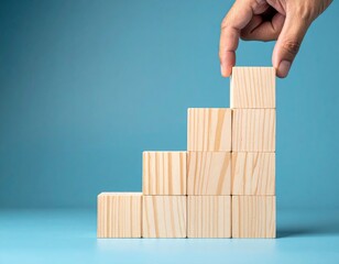 Close-up of hand constructing a stair-like structure from wooden blocks