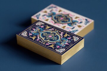 Colorful decorative playing cards with intricate designs are stacked on a blue surface, showcasing artistic patterns and vibrant colors, ideal for game enthusiasts and collectors