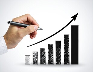 Hand sketching an upward-trending arrow over a bar graph, denoting progress and growth