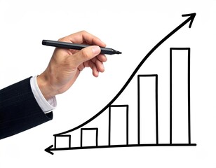 A hand, in a suit, draws a growing upward trend chart with a black marker on a white background