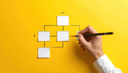 Hand with pen sketching a flowchart of squares and lines on a vibrant yellow background