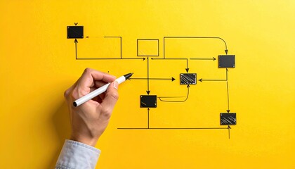 Hand sketching a flow chart with a black marker on a vibrant yellow background