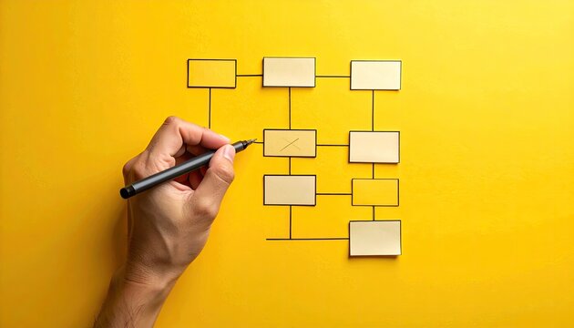 Hand sketching on yellow background with a pen, connected flowchart of boxes